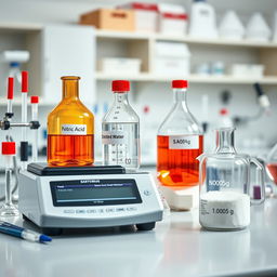 A detailed image of a chemical laboratory featuring a workbench with a SARTORIUS analytical balance prominently displayed
