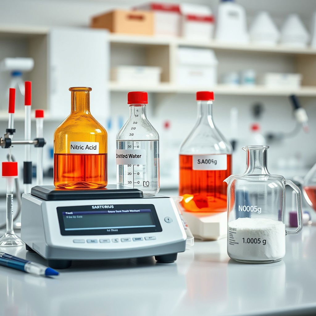 A detailed image of a chemical laboratory featuring a workbench with a SARTORIUS analytical balance prominently displayed