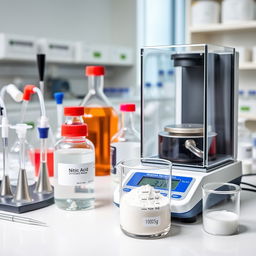 A detailed image of a chemical laboratory featuring a workbench with a SARTORIUS analytical balance prominently displayed