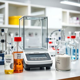 A detailed image of a chemical laboratory featuring a workbench with a SARTORIUS analytical balance prominently displayed