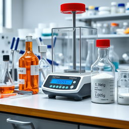 A detailed image of a chemical laboratory featuring a workbench with a SARTORIUS analytical balance prominently displayed