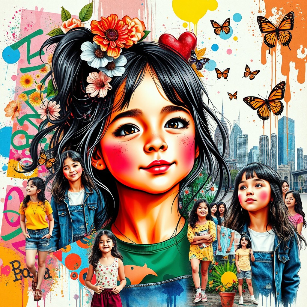 A vibrant and artistic collage of a girl, featuring various pictures of her in different moods and styles, layered together to create a stunning visual impact