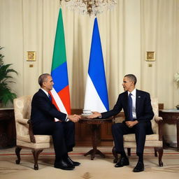 President Obama shaking hands with the President of Uzbekistan with the Uzbekistan flag in the background