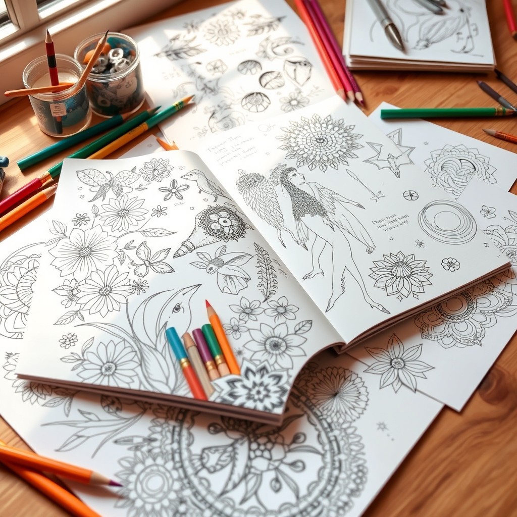 A beautifully illustrated drawing book, featuring an assortment of intricate and artistic sketches including floral patterns, animals, fantasy landscapes, and abstract art