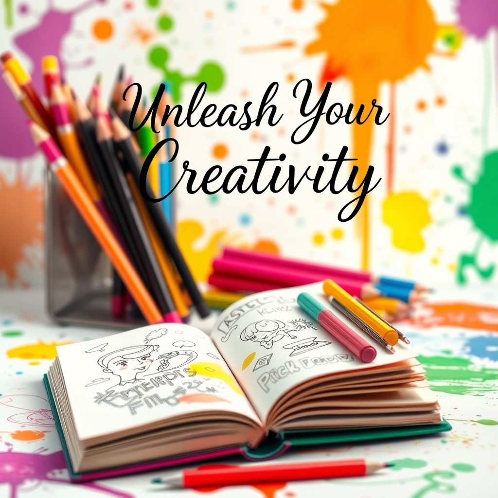 A vibrant and whimsical book cover for a drawing book, featuring a variety of colorful art supplies like pencils, markers, and paintbrushes artistically arranged