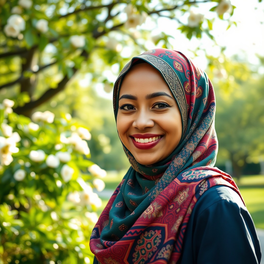 A beautiful woman wearing a vibrant, intricately designed hijab, smiling warmly in a picturesque park