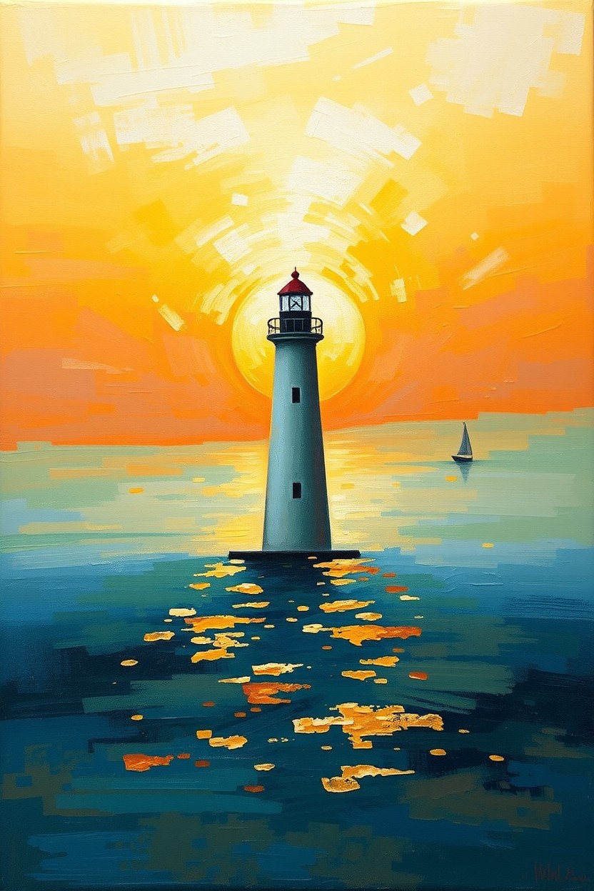 A relaxing abstract artwork featuring a lighthouse in a harmonic atmosphere during a mystical sundown