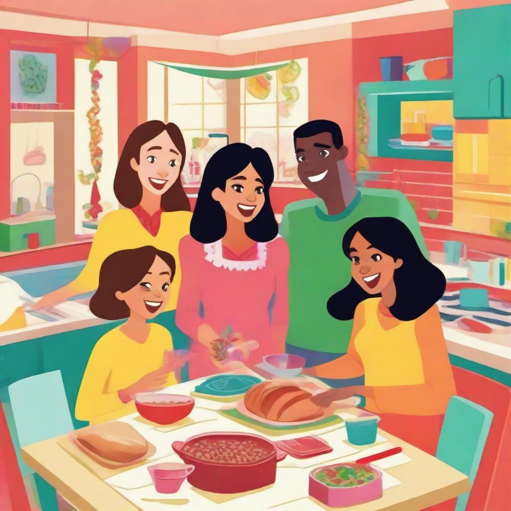 Animated family scene featuring two parents and their three teenage daughters joyously cooking a holiday meal together and exchanging gifts in a brightly colored cartoon kitchen, full of festive spirit