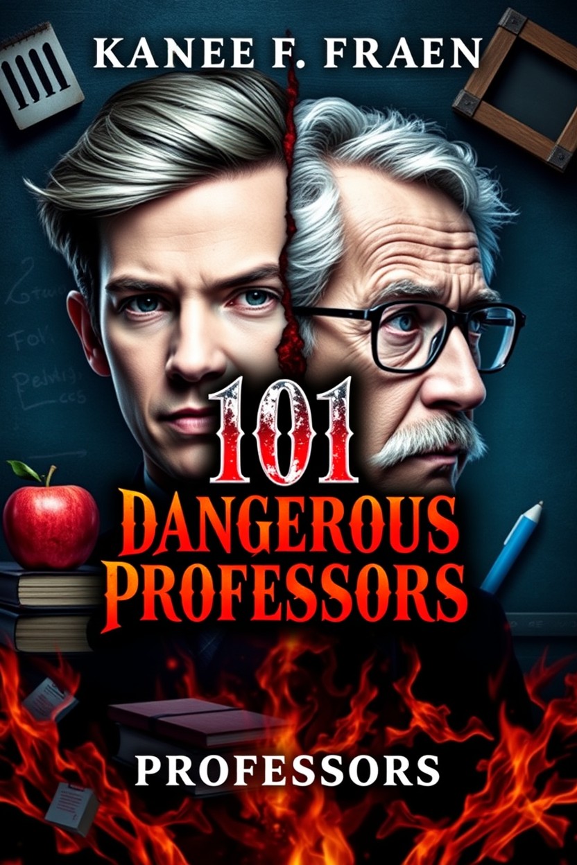 A captivating book cover for '101 Dangerous Professors' featuring a split design showcasing both a young and an old professor's face
