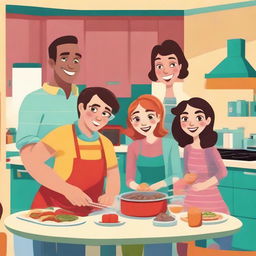 Animated family scene featuring two parents and their three teenage daughters joyously cooking a holiday meal together and exchanging gifts in a brightly colored cartoon kitchen, full of festive spirit