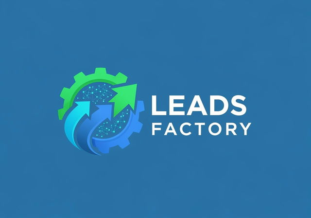 A professional and clean logo design for a business named 'Leads Factory', set against a consistent blue background