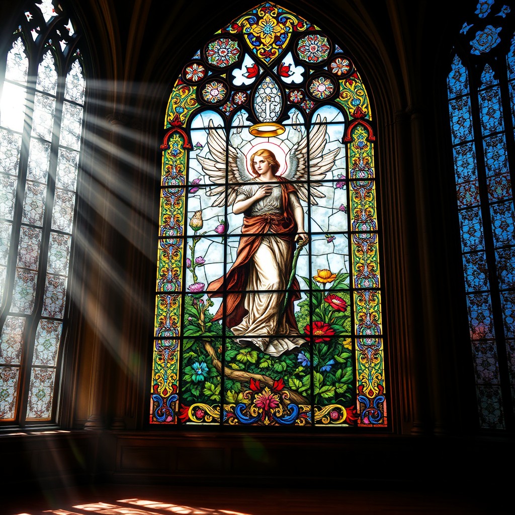 A stunning stained glass window with intricate patterns and vibrant colors, depicting an angelic figure surrounded by nature, with soft sunlight filtering through the glass, casting colorful reflections on the floor