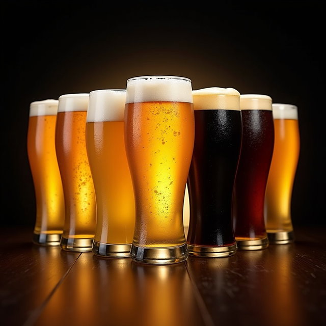A captivating assortment of various draft beers including House Lager, Detour, Cream Ale, Light Lager, Pale Ale, Black Lager, and Guinness, creatively displayed in both small and large beer glasses