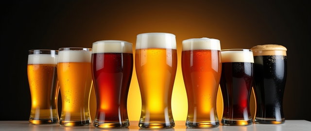 An artistic composition showcasing a variety of draft beers, including House Lager, Detour, Cream Ale, Light Lager, Pale Ale, Black Lager, and Guinness, in both small and large beer glasses