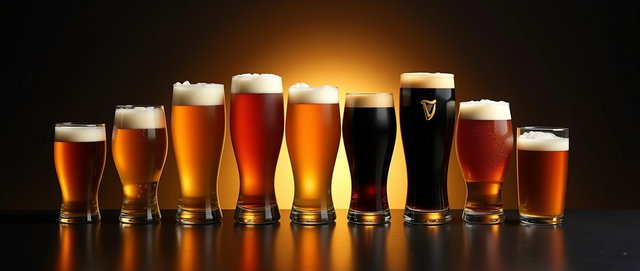 A visually striking arrangement showcasing a variety of draft beers including House Lager, Detour, Cream Ale, Light Lager, Pale Ale, Black Lager, and Guinness