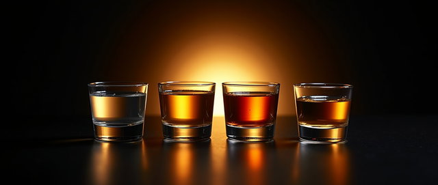 An artistic arrangement showcasing four 1 oz liquor glasses, each filled with different spirits: vodka, gin, rye, and white rum