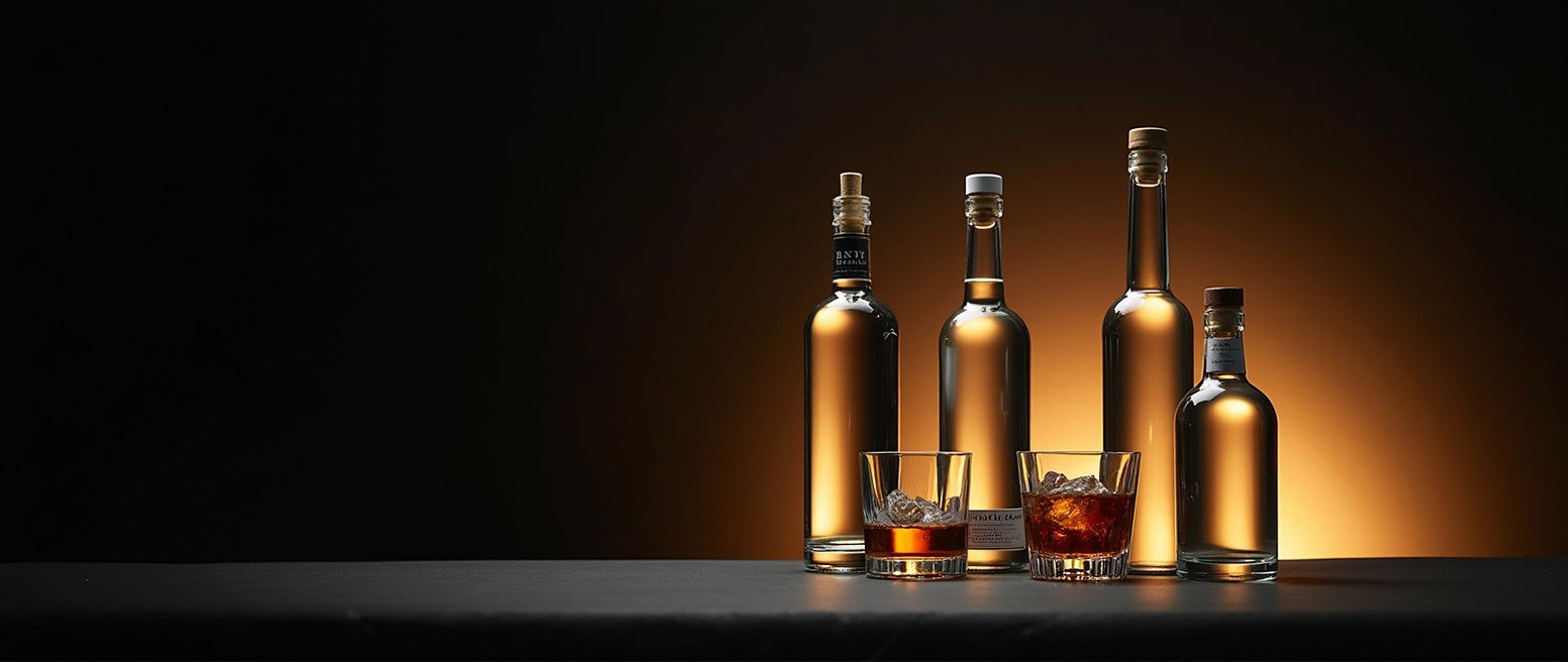 An elegant arrangement of liquor bottles including vodka, gin, rye, and white rum, all displayed prominently on a completely black table
