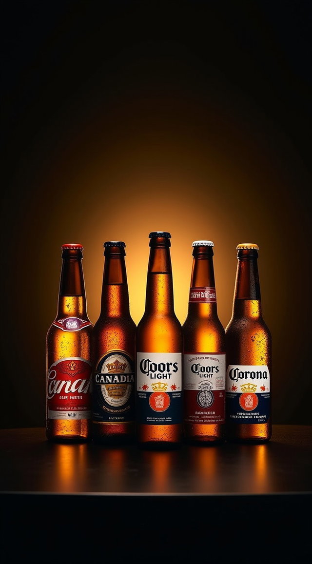 An impressive display of beer bottles including Canadian, Coors Light, Budweiser, Corona, and Stella, arranged neatly on a completely black table