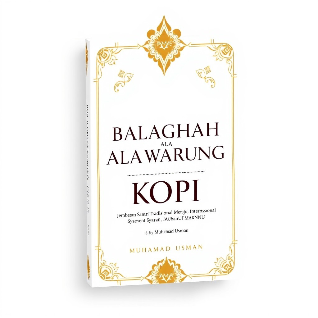 A book cover design titled 'BALAGHAH ALA WARUNG KOPI: Jembatan Santri Tradisional Menuju Internasional Syarah JAUHARUL MAKNUN' by Muhamad Usman