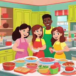 Animated family scene featuring two parents and their three teenage daughters joyously cooking a holiday meal together and exchanging gifts in a brightly colored cartoon kitchen, full of festive spirit