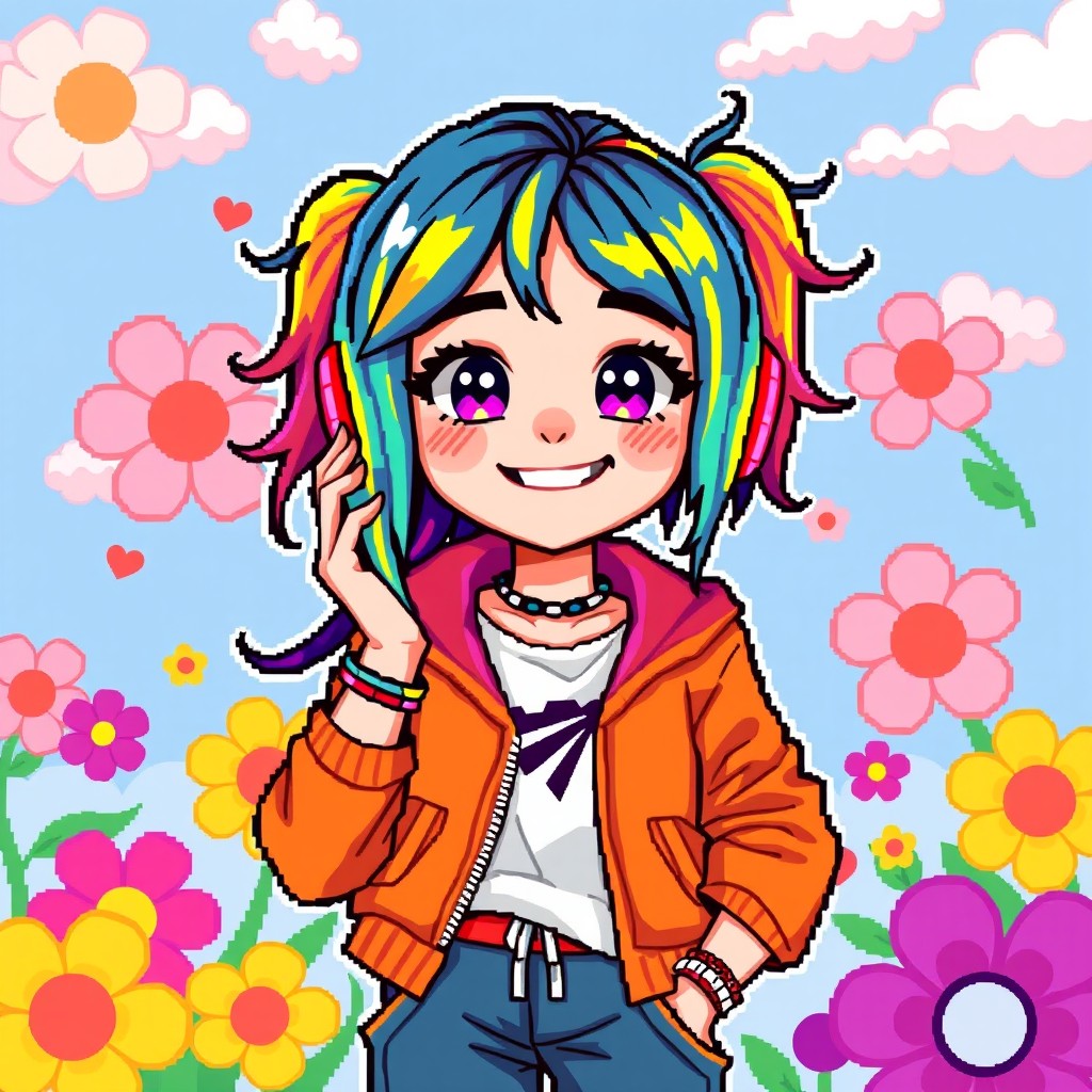 A vibrant pixel art illustration featuring a teenage girl with colorful hair and stylish clothing