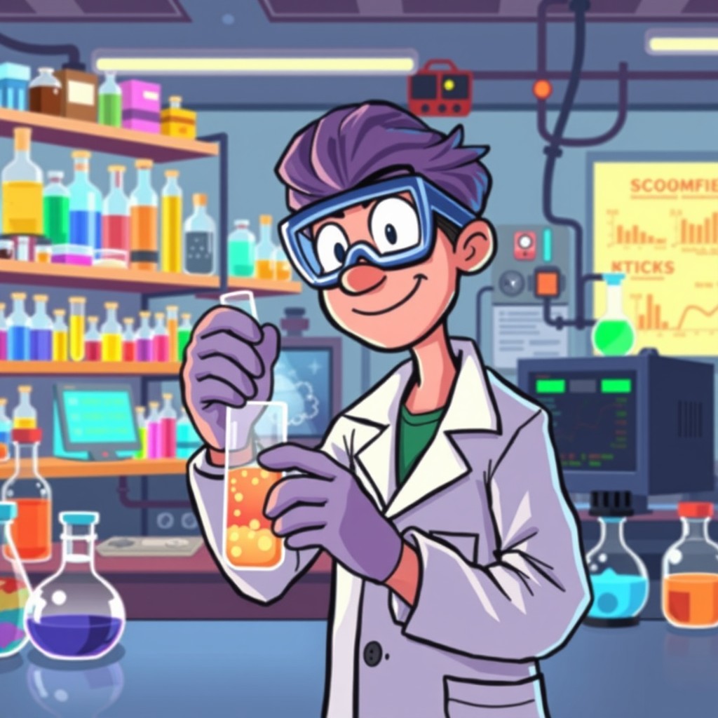 A pixel art illustration of a dedicated lab worker in a bright, colorful laboratory filled with various scientific equipment and gadgets