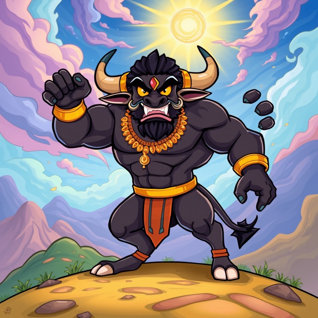 A colorful and vibrant cartoon illustration of Mahishashur, depicted as a fierce and powerful demon with characteristics of a buffalo