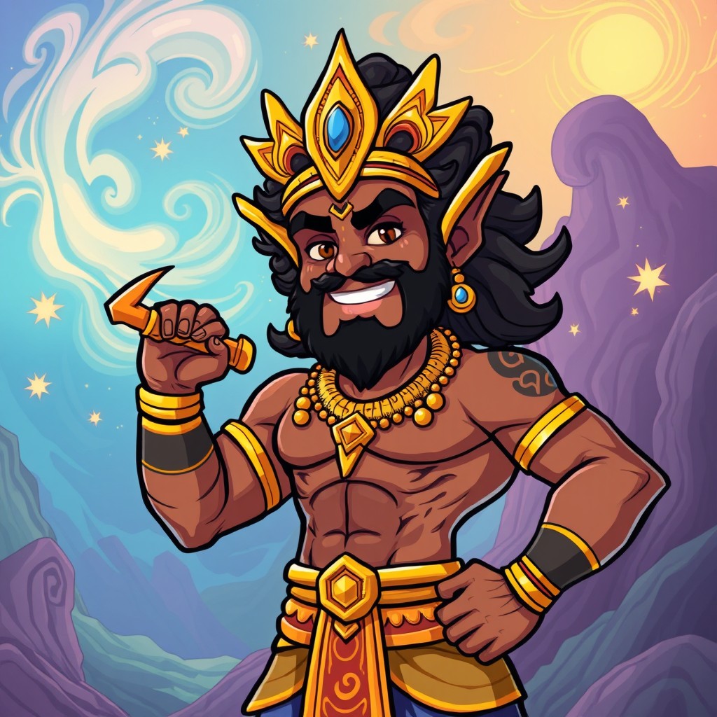 A vibrant cartoon illustration of Mahishashur depicted in human form, showcasing a strong and imposing physique