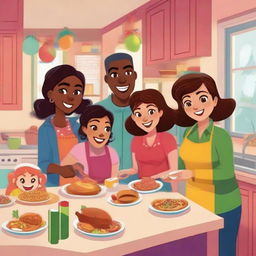 Animated family scene featuring two parents and their three teenage daughters joyously cooking a holiday meal together and exchanging gifts in a brightly colored cartoon kitchen, full of festive spirit