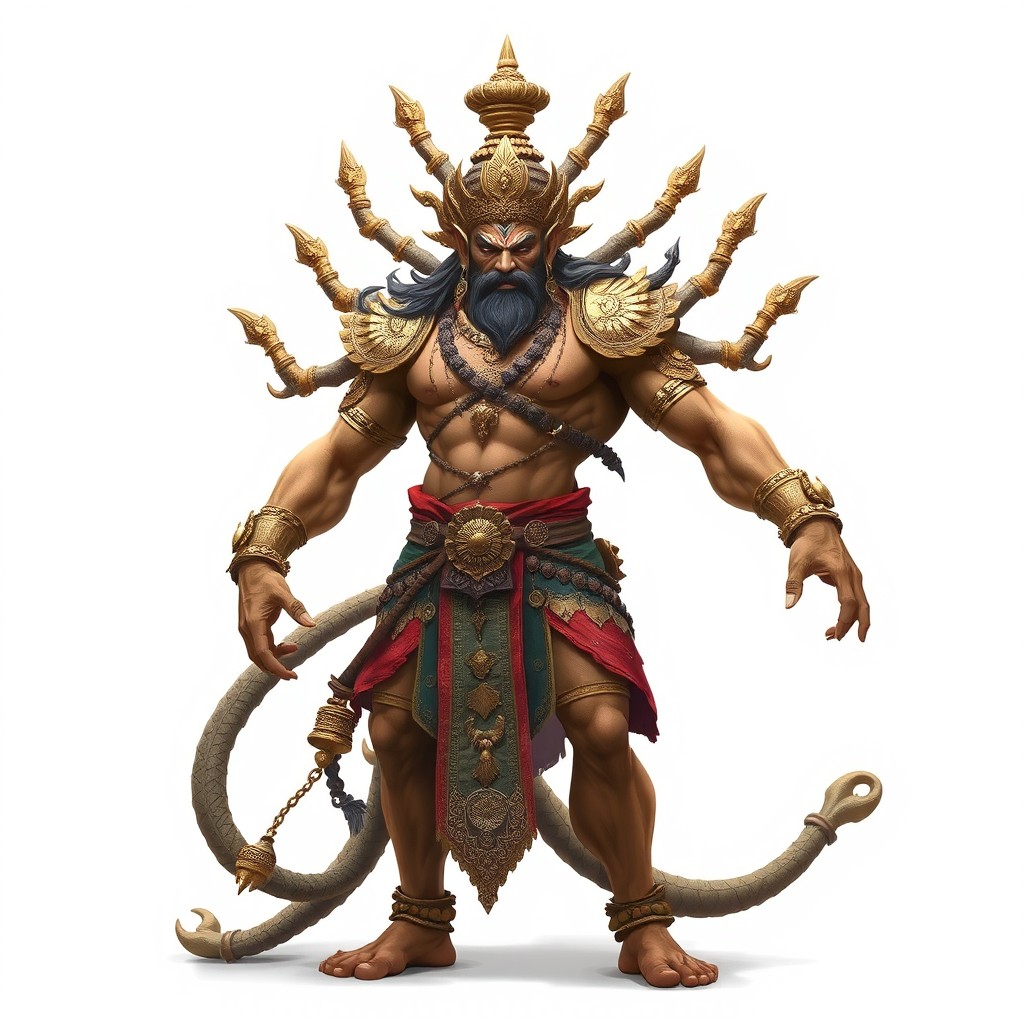 A slightly realistic depiction of Mahishasura in human form, standing tall and strong with an aura of power
