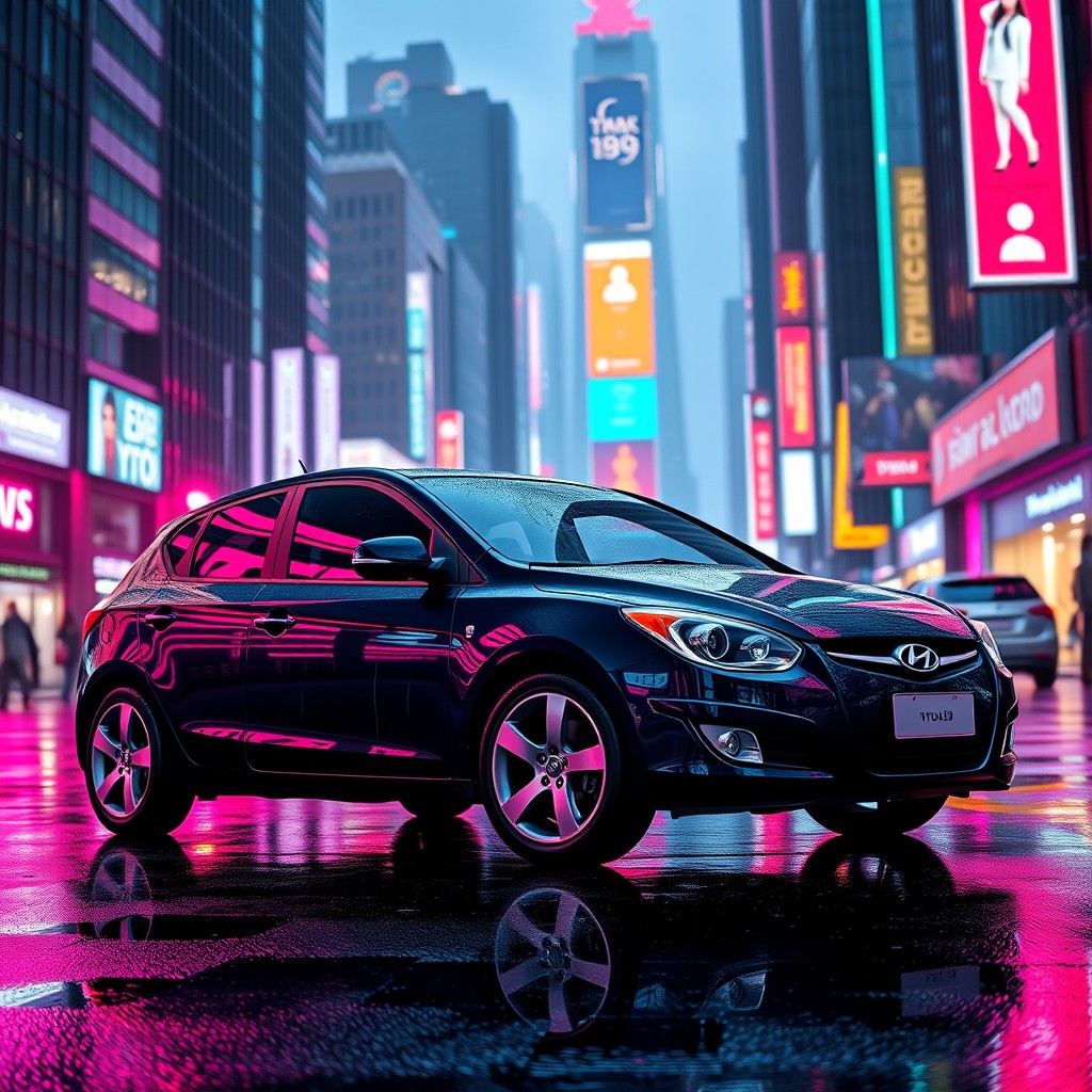 A stunning 2007 Hyundai i30 in a deep navy blue color, set in a vibrant cyberpunk environment