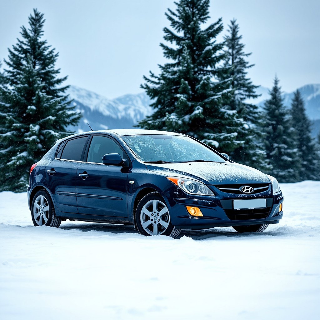 A beautiful 2007 Hyundai i30 in a rich navy blue color, parked in a serene snowy landscape