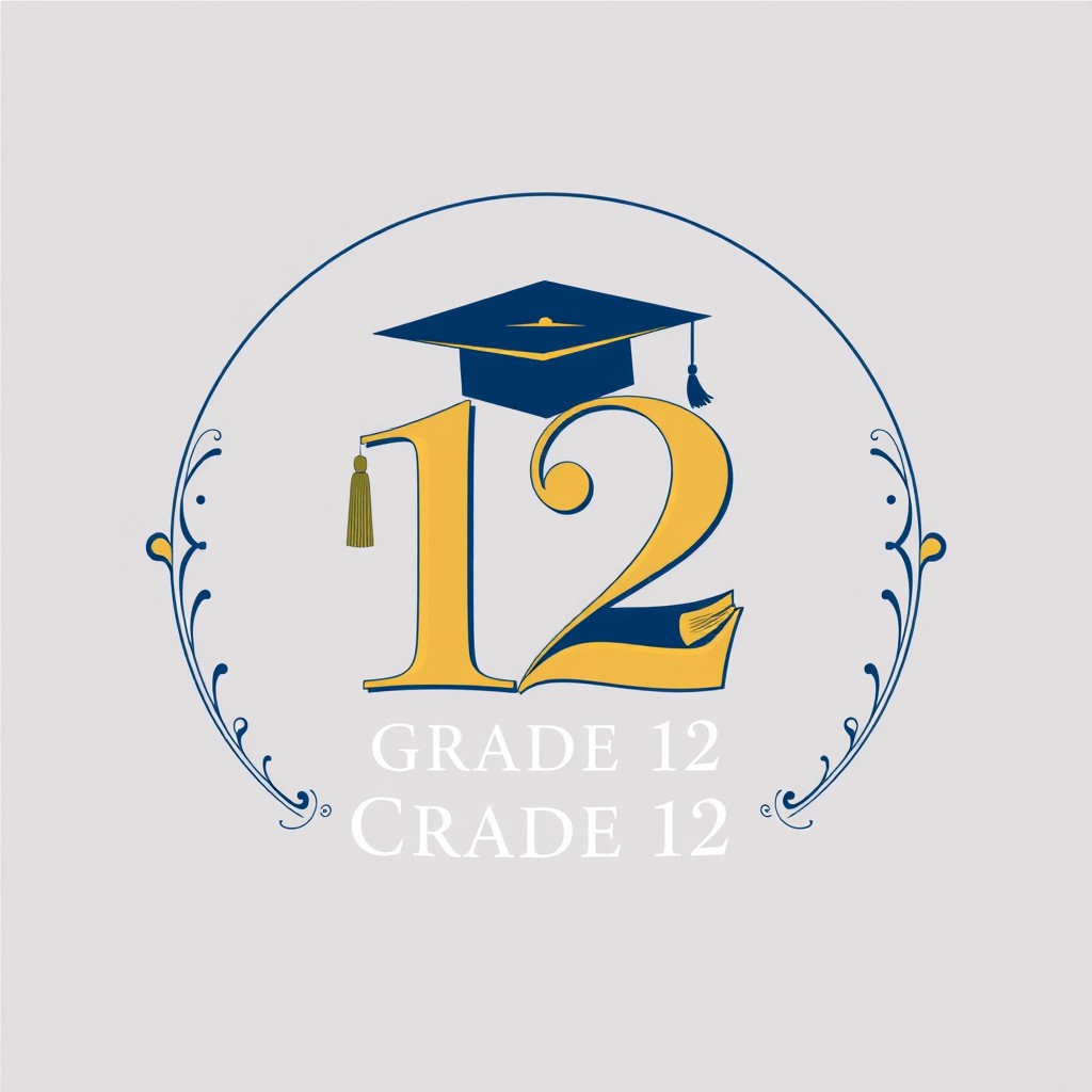 An elegant, modern logo design for a Grade 12 class, featuring a stylized number '12' intertwined with an academic theme, incorporating elements like graduation caps or books