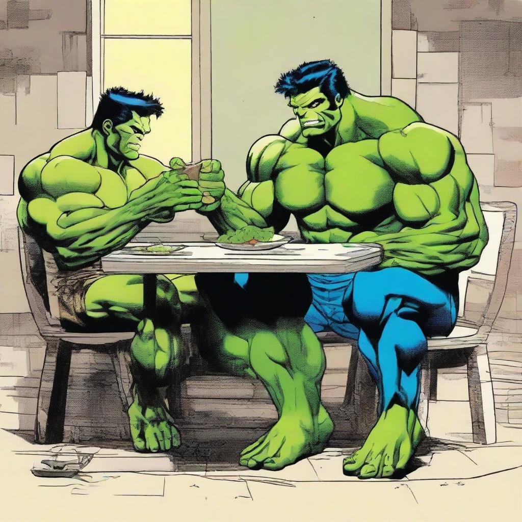 Comic book heroes, Hulk and Wolverine, casually enjoying a friendly lunch together.