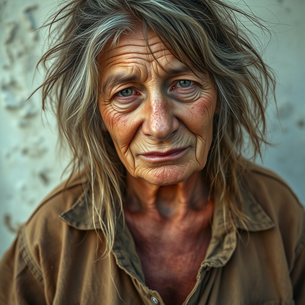 A 60-year-old homeless woman with long messy hair and a face marked by acne scars