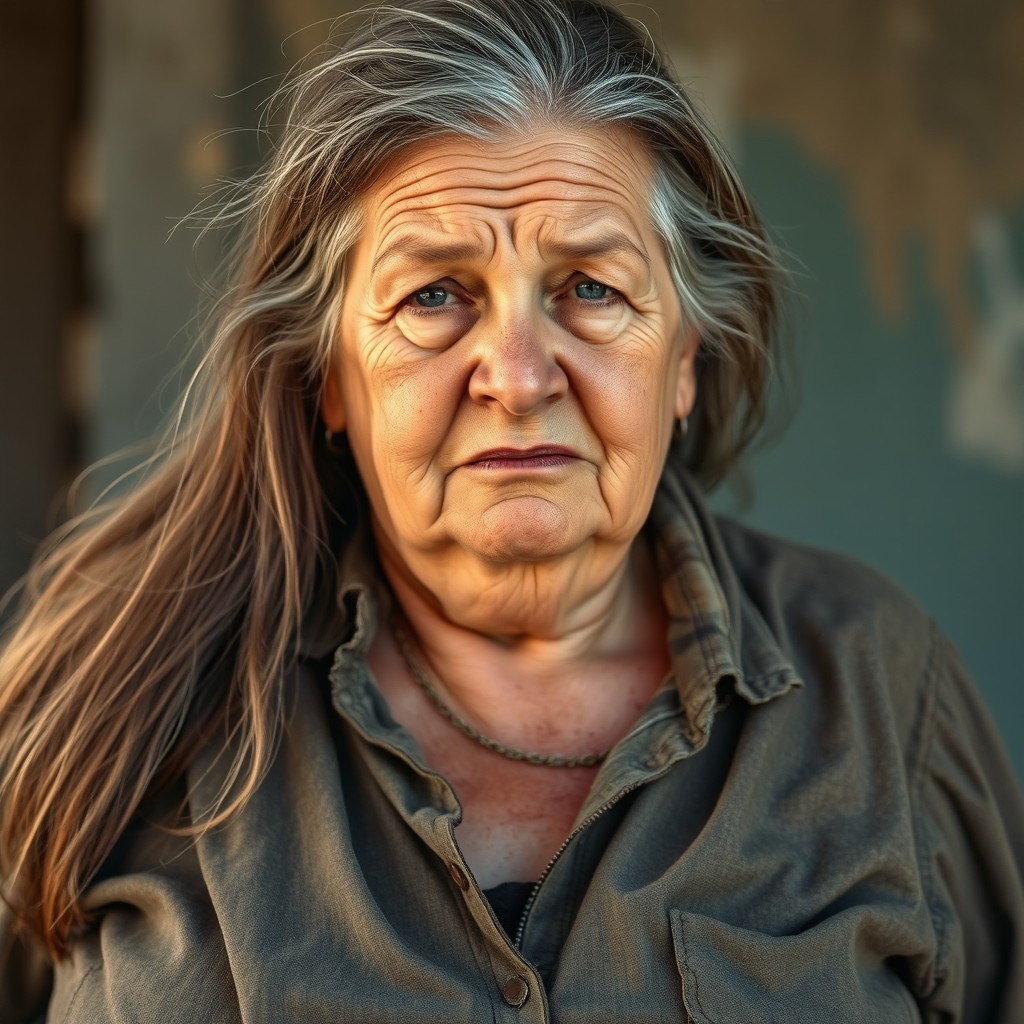 A 60-year-old homeless woman with long, messy hair and a face that shows acne scars