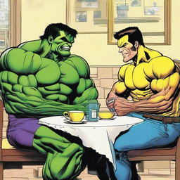 Comic book heroes, Hulk and Wolverine, casually enjoying a friendly lunch together.