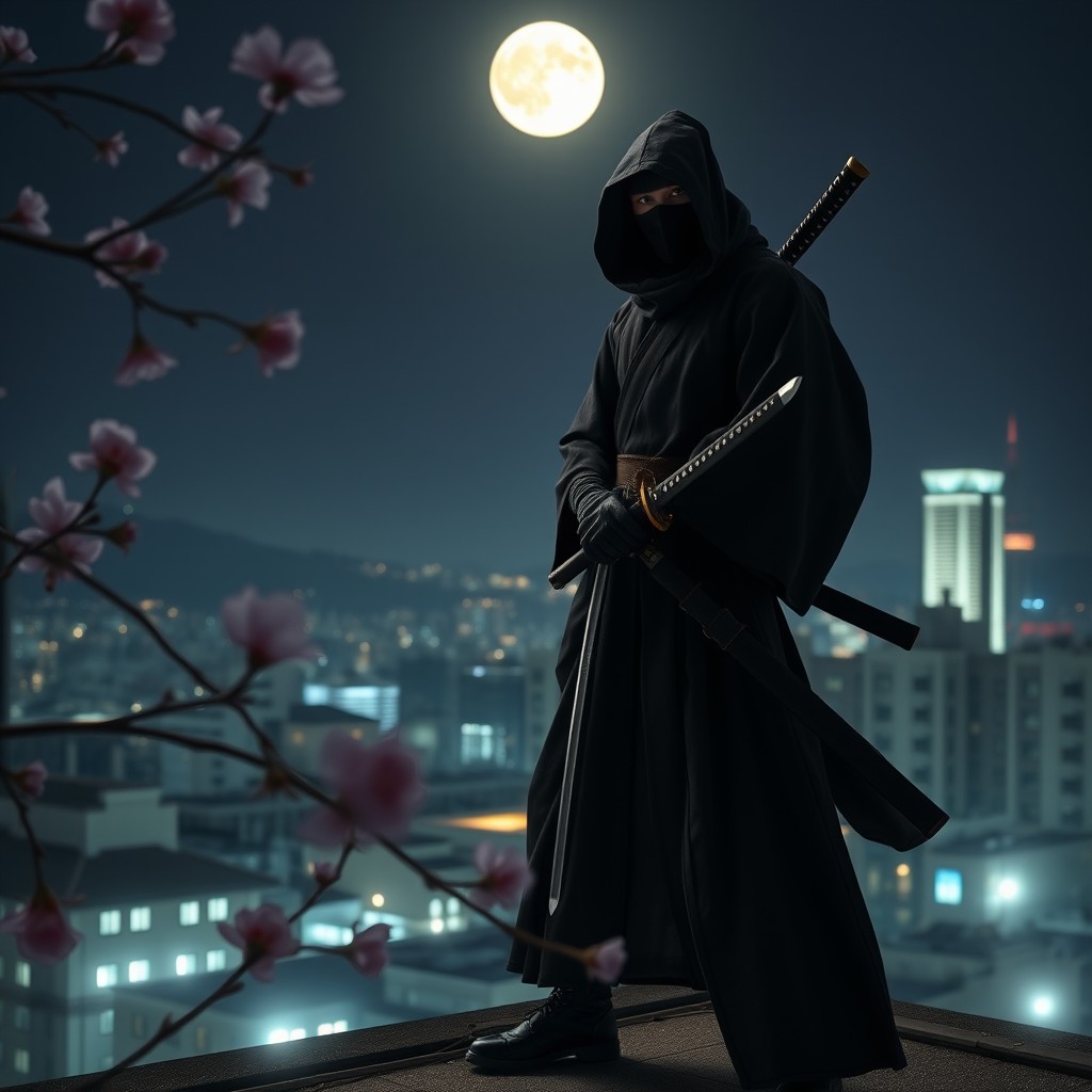 A mysterious ninja standing confidently on a rooftop at night, surrounded by a glowing cityscape in the background