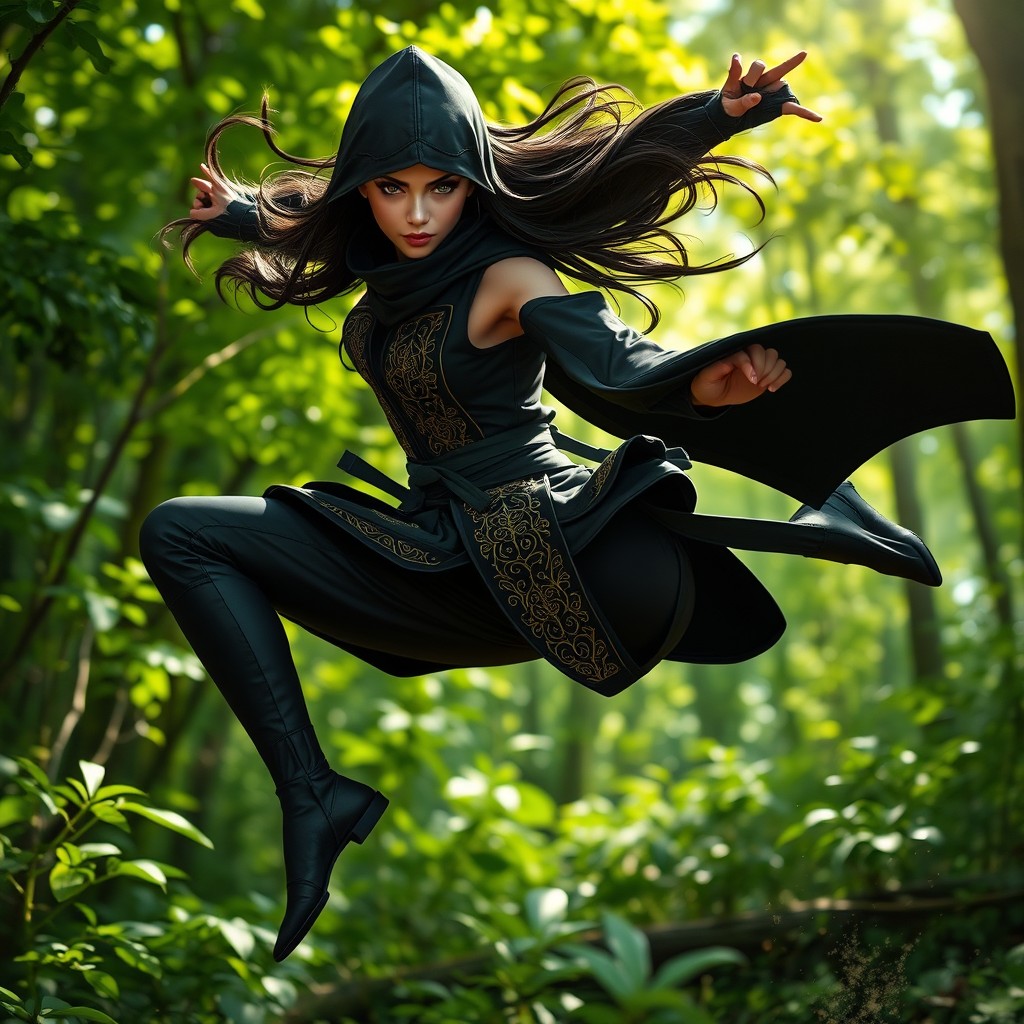 A stunning female ninja in a dynamic action pose, showcasing her agility and skill