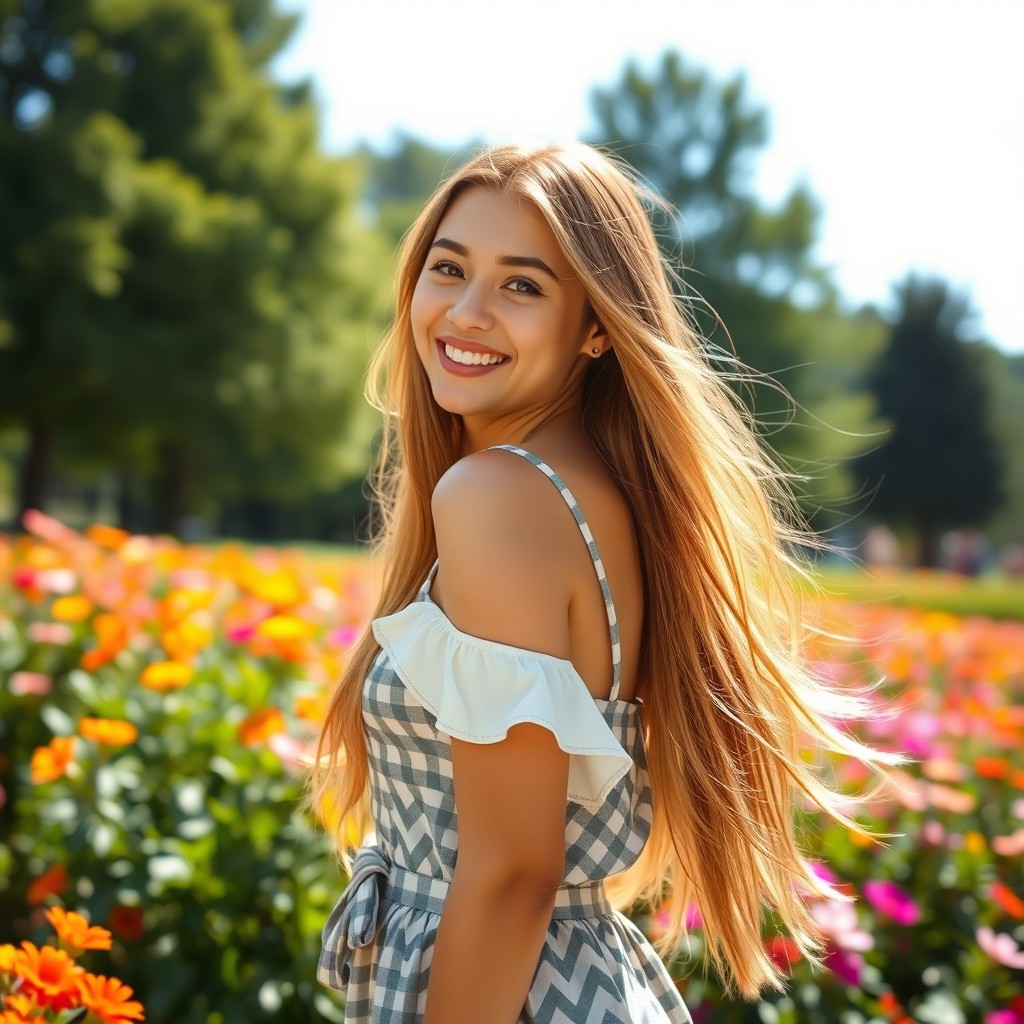 A beautiful young woman with long, flowing hair, dressed in a stylish summer outfit standing in a sunny park surrounded by vibrant flowers