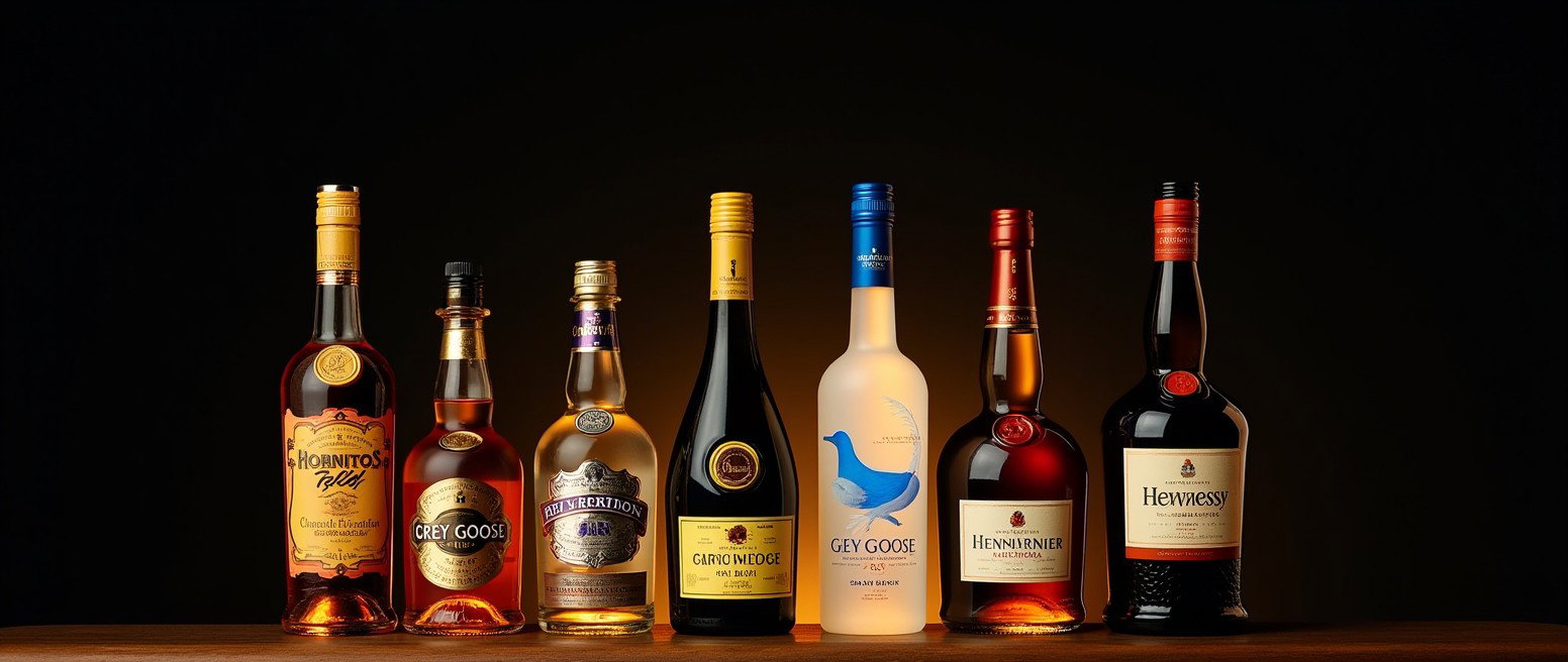 An elegant arrangement of premium liquor bottles including Hornitos Gold Tequila, Chivas, Grey Goose, JW Black, Hennessy VS, and Grand Marnier, displayed side by side against a deep black background