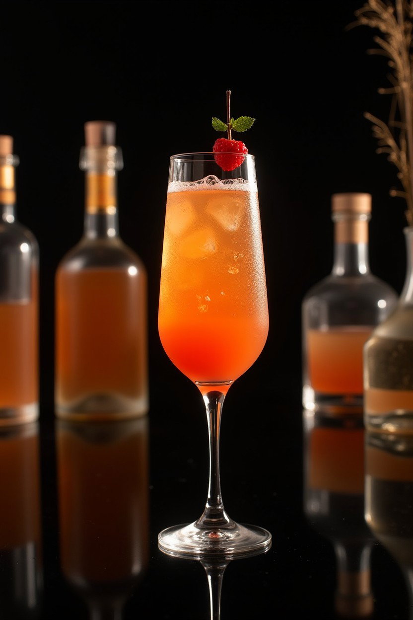 An elegant presentation of a Mimosa cocktail served in a classic champagne glass, showcasing its vibrant orange hue