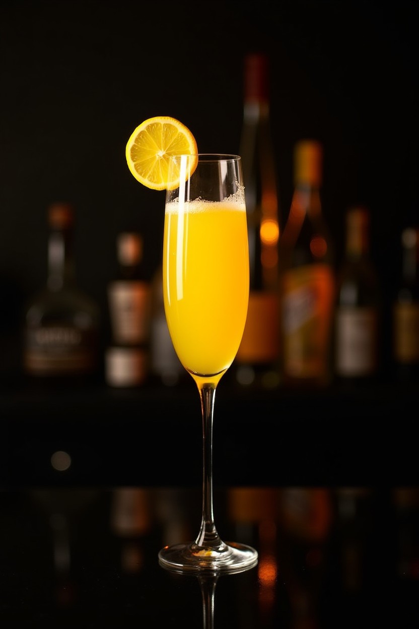 An elegant presentation of a Mimosa cocktail, served in a refined champagne glass