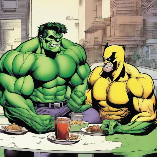 Comic book heroes, Hulk and Wolverine, casually enjoying a friendly lunch together.