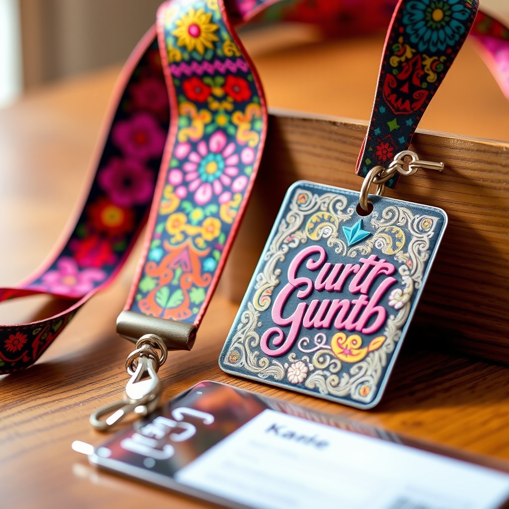 A colorful and vibrant lanyard featuring intricate patterns and designs, showcasing various artistic motifs like geometric shapes and floral elements