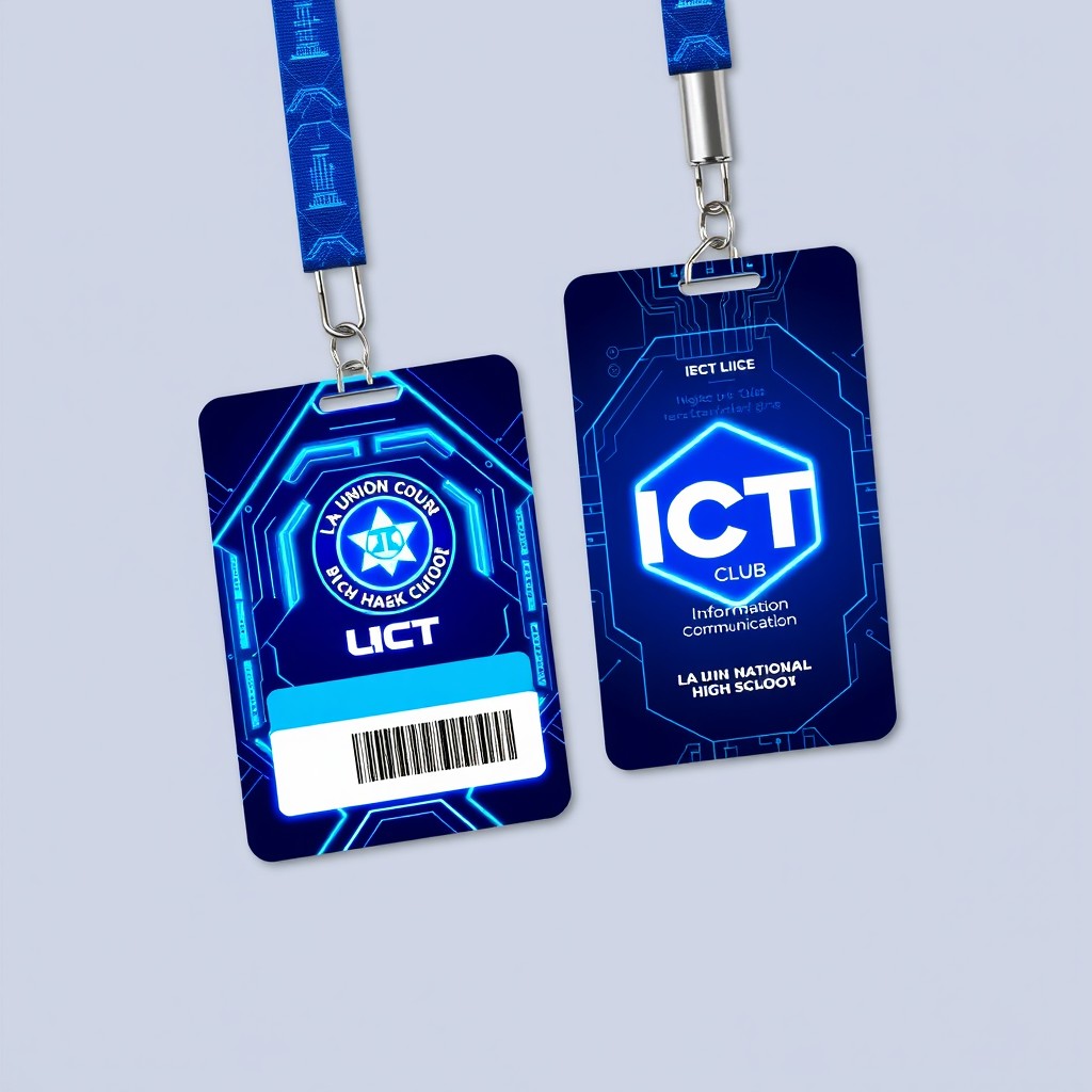 A futuristic ID lace and ID card featuring a blue technology-inspired color palette with glowing neon accents and sleek geometric patterns