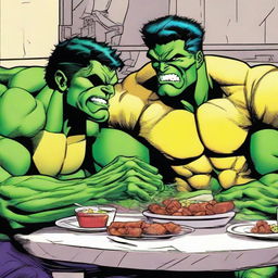 Comic book heroes, Hulk and Wolverine, casually enjoying a friendly lunch together.