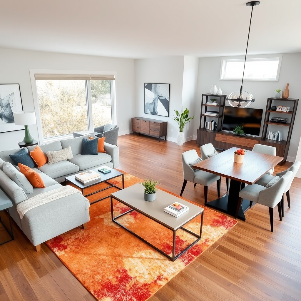 A beautifully redesigned living and dining room, showcasing modern furniture and decor