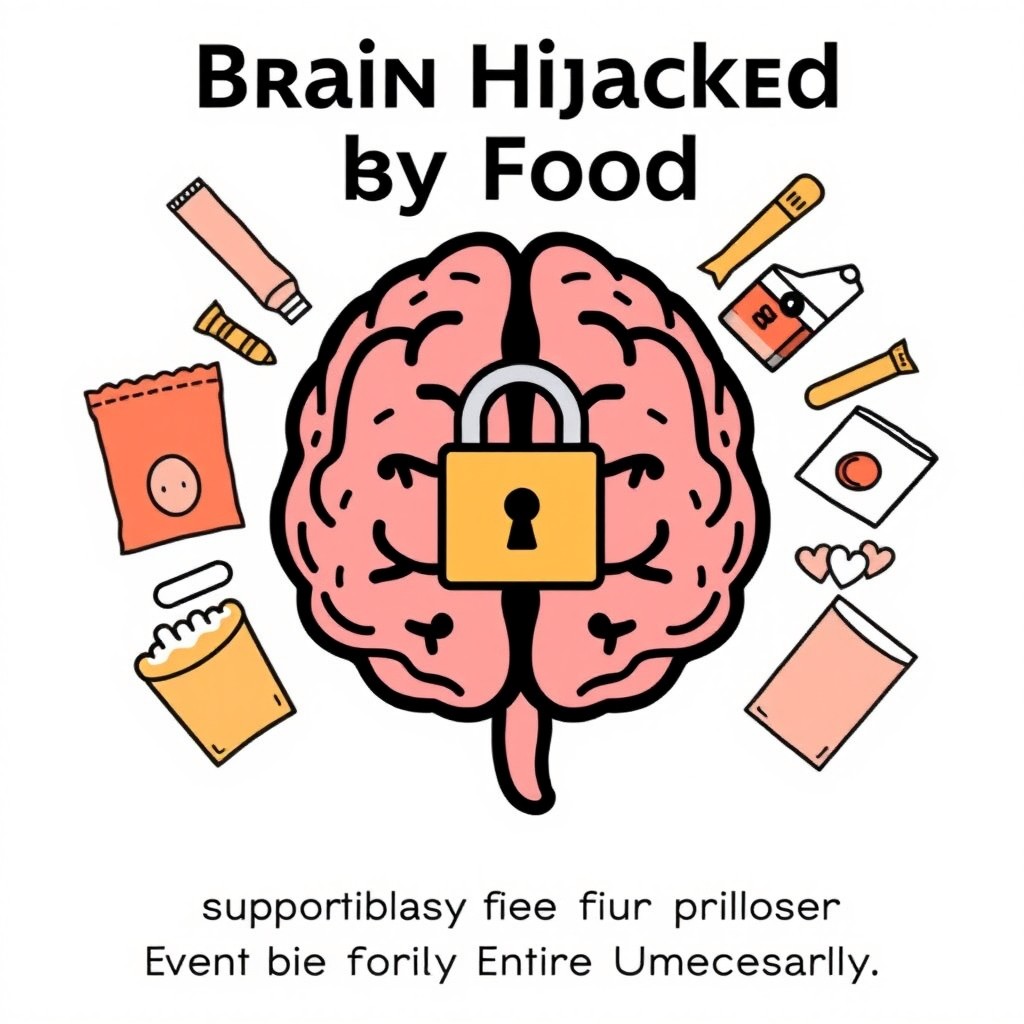 A minimalist style illustration for an ebook cover titled 'Brain Hijacked by Food: Deprogramming the Habits That Make You Eat Unnecessarily'