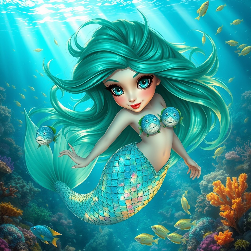 A stunning mermaid with flowing, vibrant green hair and iridescent scales shimmering in varying shades of blue and turquoise